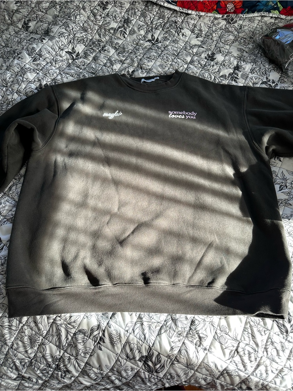 Grey Charcoal lavender lettering 'Somebody Loves You' Crewneck Sweater size L/XL